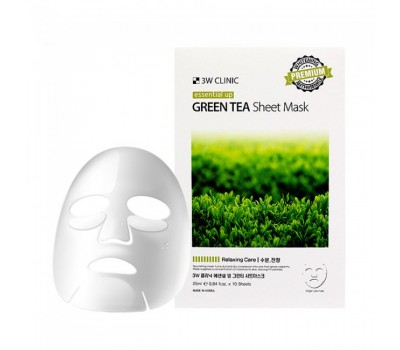 3W CLINIC Essential Up Green Tea Sheet Mask 1pack (10pcs) - Успокаивающая маска с Зеленым чаем